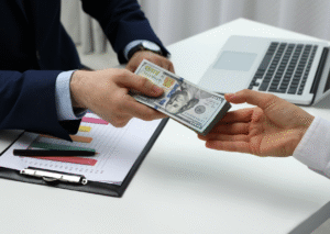 Two people exchanging a stack of U.S. hundred-dollar bills at a desk with financial charts and a laptop nearby.